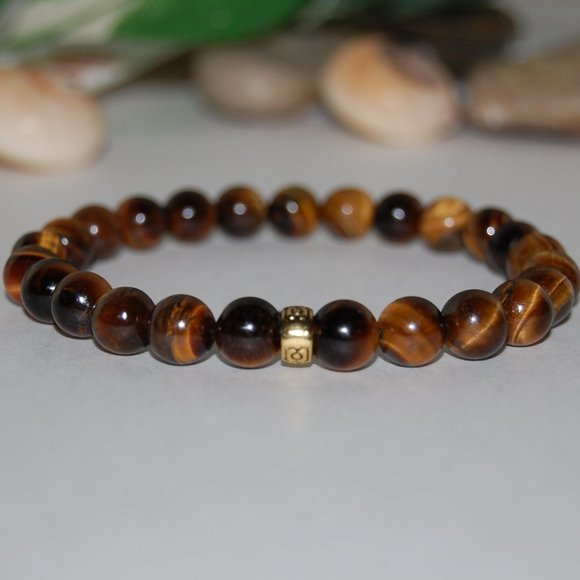 Tiger Eye Bracelet,Tiger Eye Gemstone and Golden Charm,Tiger Eye 8mm Bea… - Picture 2 of 3